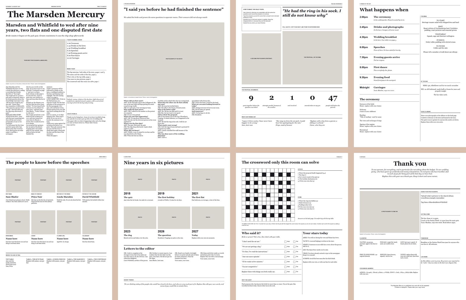 All eight pages of the wedding newspaper template shown side by side