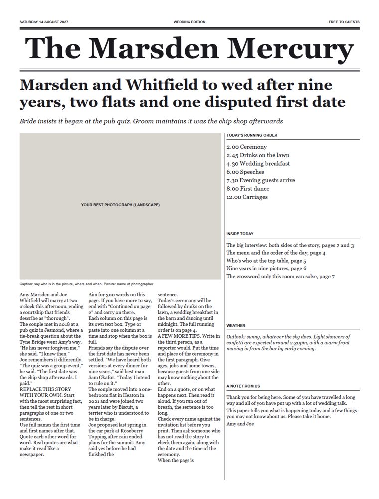 Front page of the wedding newspaper template, with a masthead, headline, photograph space, story columns and a running order panel